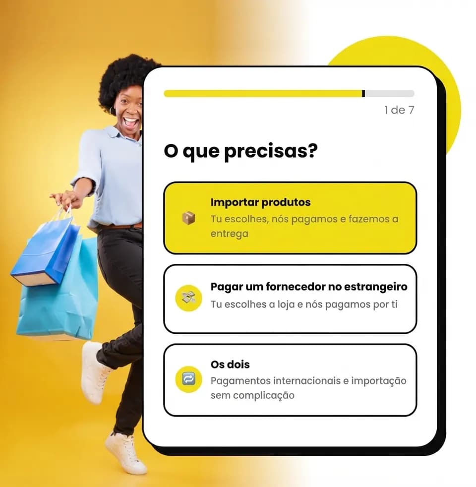 Cliente feliz com sacos de compras ao lado do simulador OneClick a perguntar o que precisas